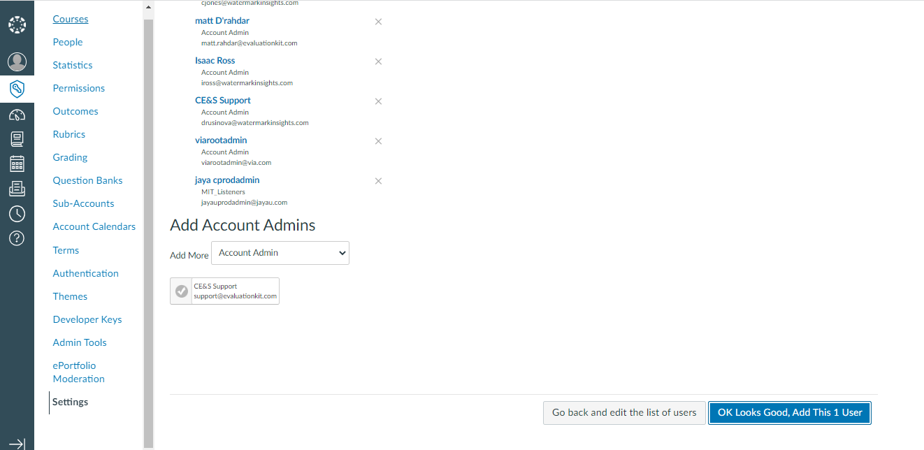 The Add Account Admins confirmation section showing the selected user listed with buttons to go back or confirm adding one new user highlighted at the bottom.