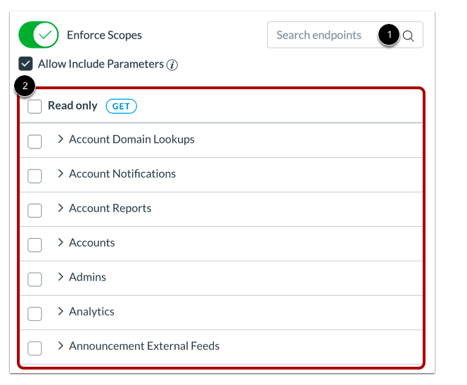 The API permissions configuration panel showing enforce scopes enabled and a list of read-only endpoint categories displayed with selection checkboxes.