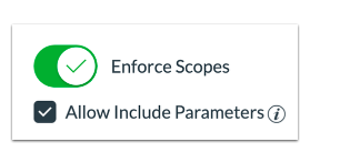 The API settings panel showing Enforce Scopes enabled and the Allow Include Parameters option selected.