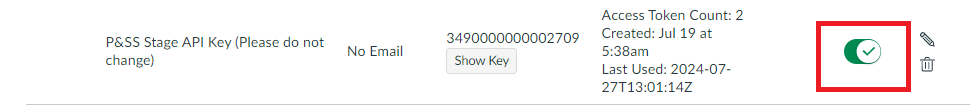 The developer keys list showing an active API key entry with the status toggle enabled and key details displayed.