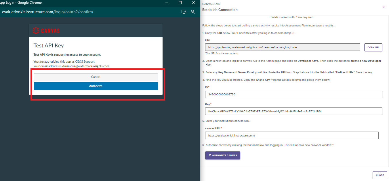 The Canvas LMS authorization screen showing the Test API Key permission prompt with the Authorize button highlighted alongside the Establish Connection dialog.