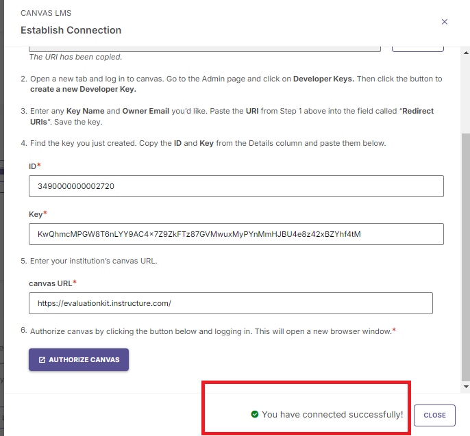 The Establish Connection dialog for Canvas LMS showing a successful connection confirmation message displayed at the bottom with a Close button on the right.