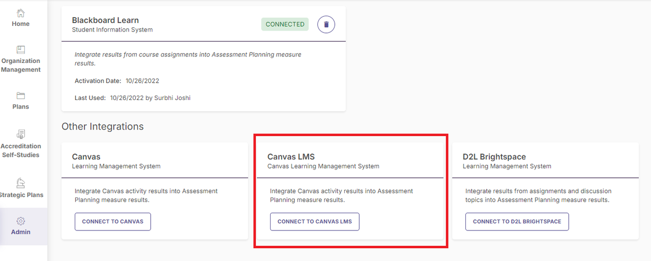 The integrations overview page showing available learning management system connections with the Canvas LMS option highlighted for selection.