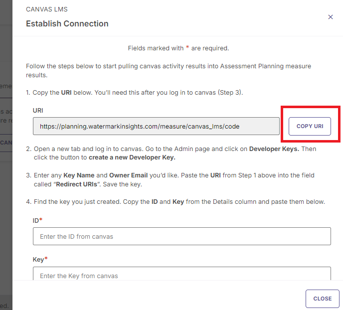 The Establish Connection dialog for Canvas LMS showing the redirect URI field with a Copy URI button highlighted and required ID and key entry fields displayed below.