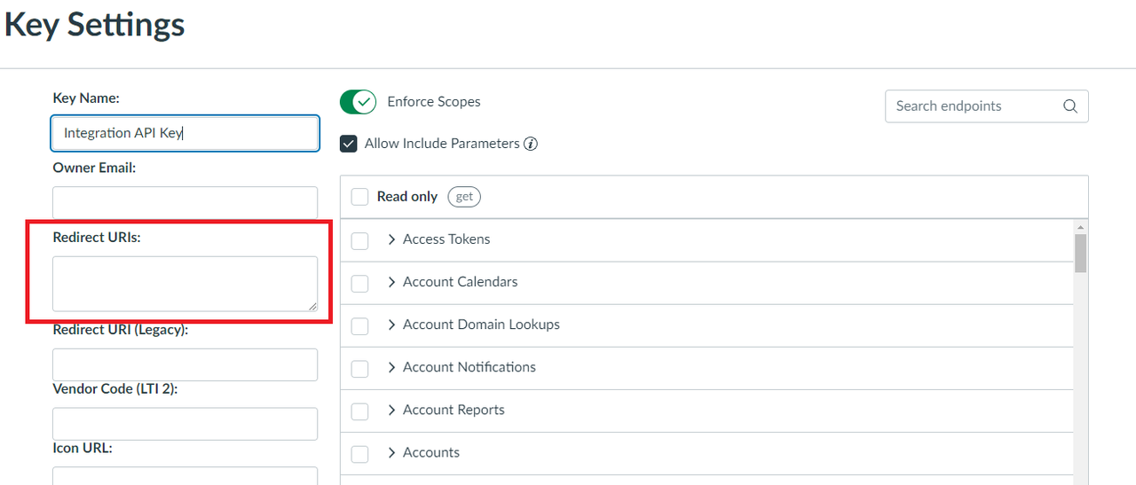 The Key Settings page showing the Redirect URIs field highlighted alongside enforce scopes options and a list of available API endpoint permissions.