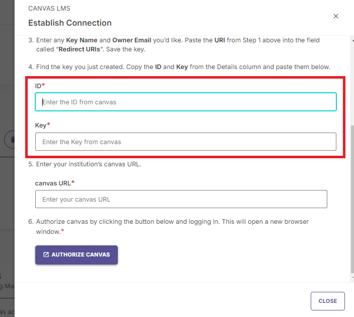 The Establish Connection dialog for Canvas LMS showing highlighted ID and key input fields with the Authorize Canvas button displayed below.