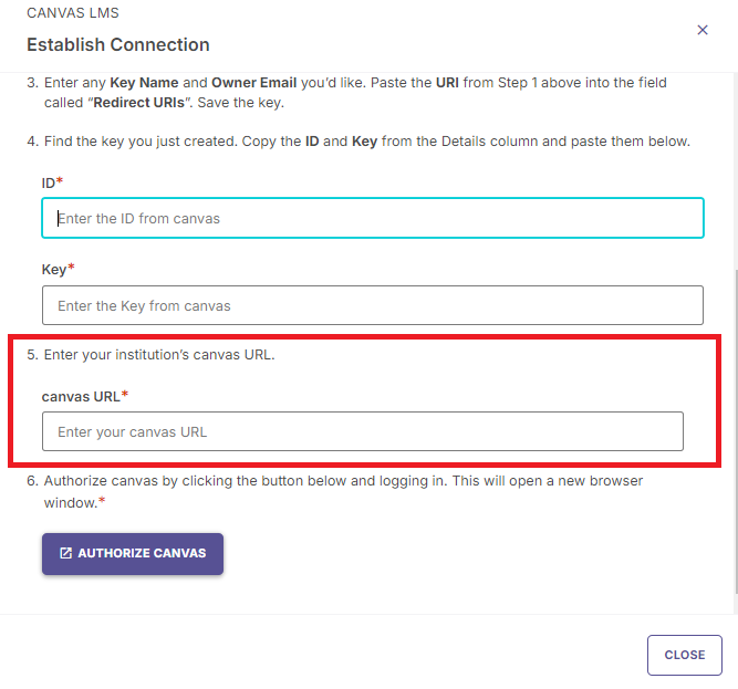 The Establish Connection dialog for Canvas LMS showing the canvas URL input field highlighted above the Authorize Canvas button.