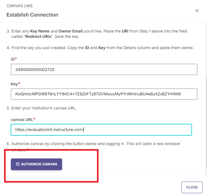 The Establish Connection dialog for Canvas LMS showing completed ID, key, and canvas URL fields with the Authorize Canvas button highlighted.