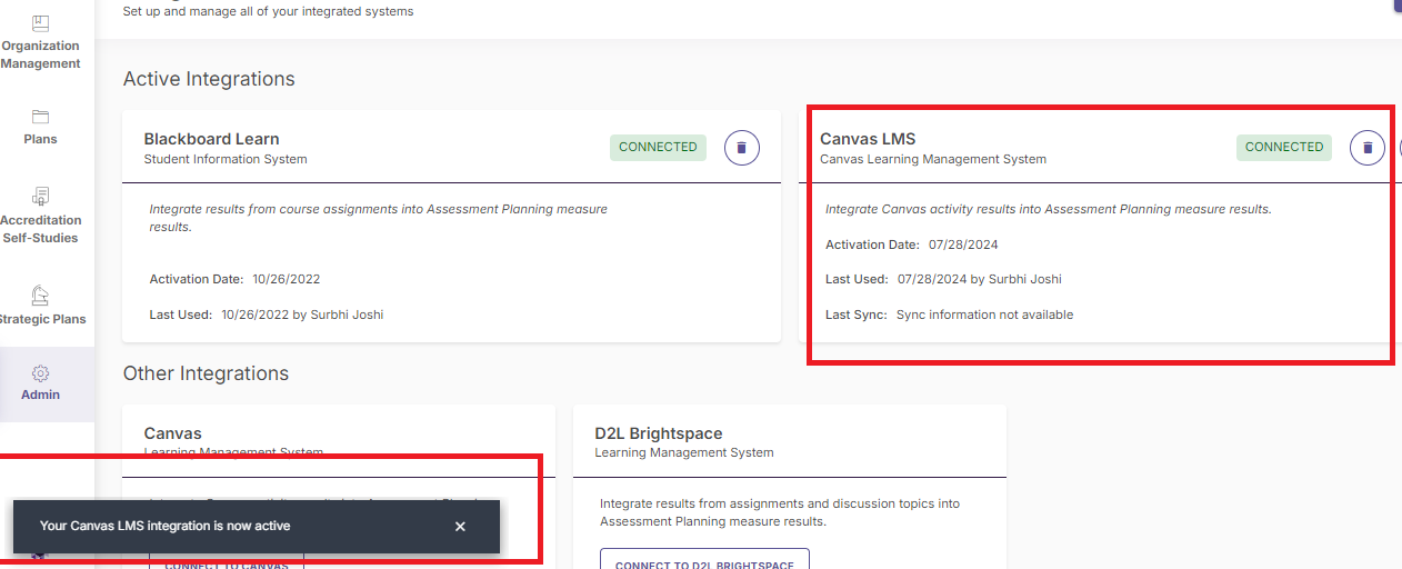 The active integrations page showing Canvas LMS marked as connected with activation details displayed and a confirmation message indicating the integration is now active.