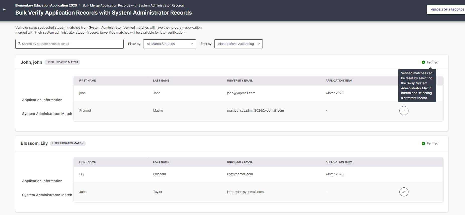 A screenshot showing the 'Verify' button and the 'Merge 2 of 3 Records' button.