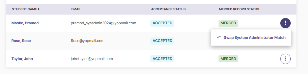 A screenshot of an overflow menu showing the 'Swap with another record' option for a merged account.