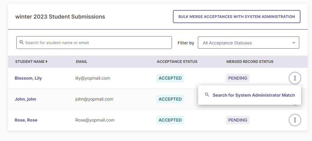 A screenshot showing an overflow menu with the 'Search for System Administrator Match' option.