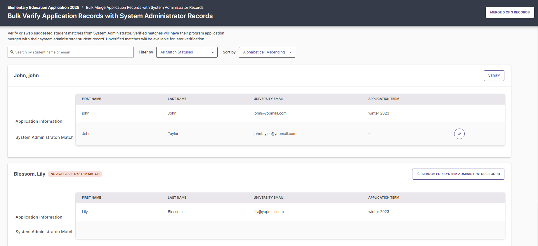 A screenshot of the 'Bulk Merge' page, showing a list of accepted applicants with a column for 'System Administration Match'. The tag 'NO AVAILABLE SYSTEM MATCH' is visible for some applicants.