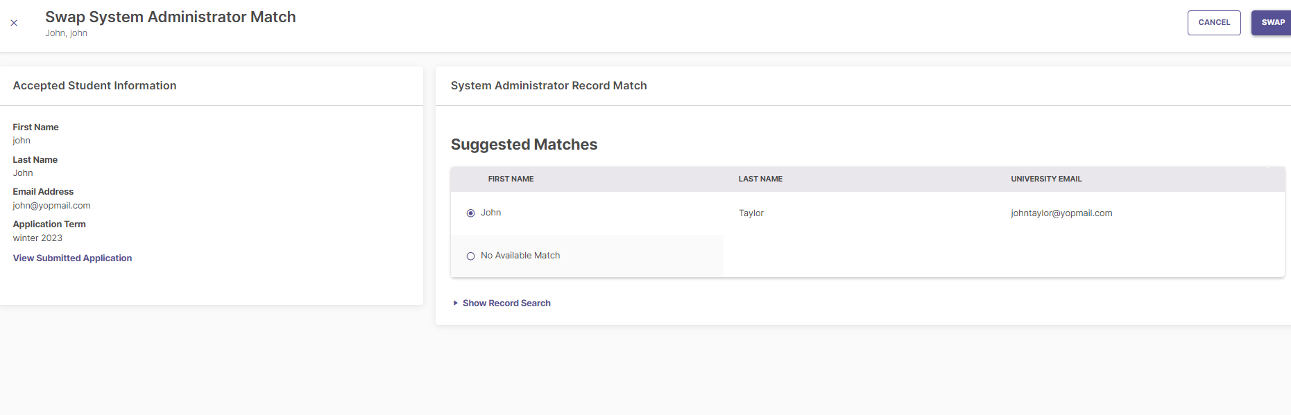 A screenshot of the 'Search' screen, showing fields to search for a new system administration match.