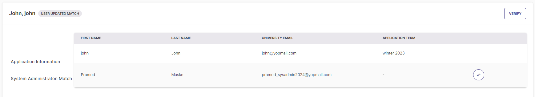 A screenshot of a list of applicants showing the tag 'User Updated Match' next to a swapped user.