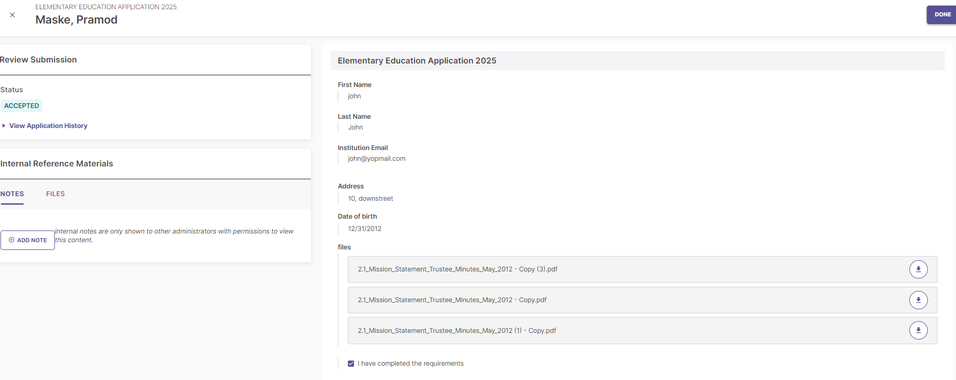 A screenshot of a student's profile showing the acceptance status options are hidden.