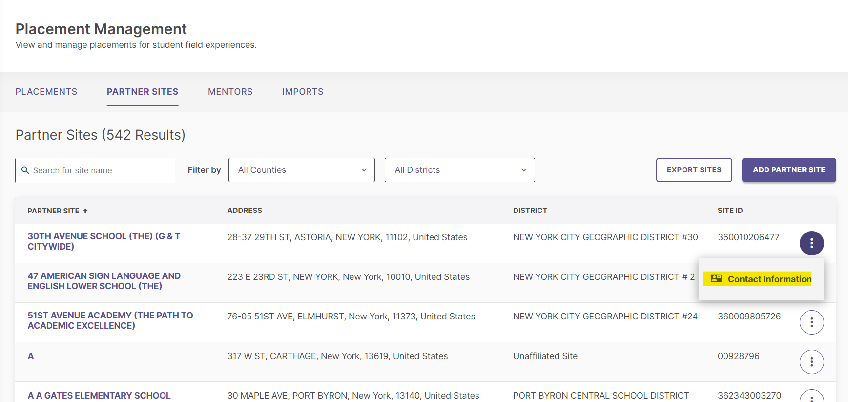 'The 'Partner Sites' tab under the 'Placement management' page showing list of partner sites, with the 'Contact Information' option highlighted for the selected partner site in the option menu.
