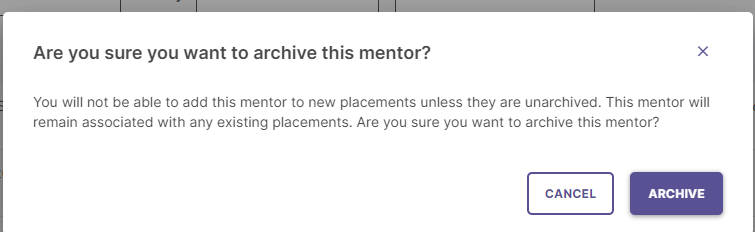 The Confirmation dialog for 'Archive Mentor' showing 'Cancel' and 'Archive' buttons.