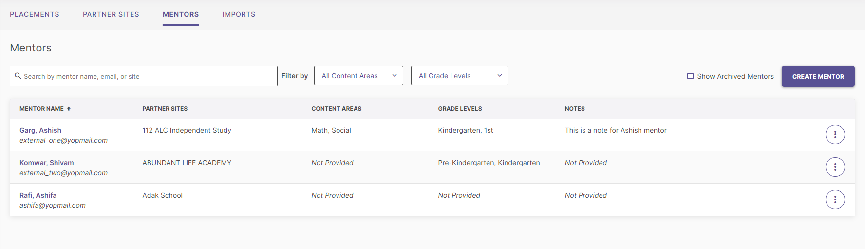 'The 'Mentors' tab showing a list of mentors.
