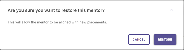 The Confirmation dialog for 'Restore Mentor' showing 'Cancel' and 'Restore' buttons.