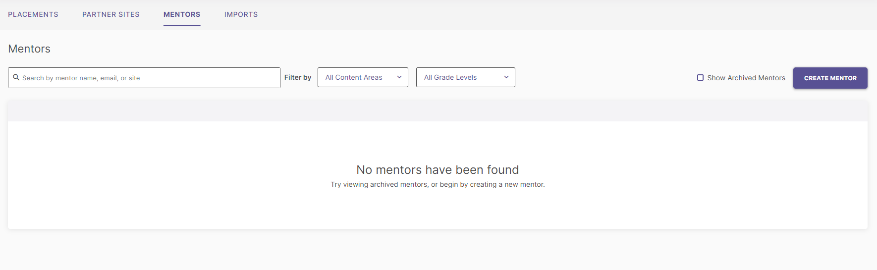 'The 'Mentors' tab showing no mentors found message, with options to create a new mentor or view archived mentors.