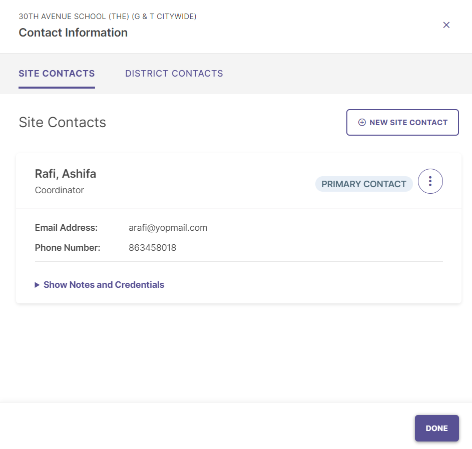 'The 'Site Contacts' tab under the 'Contact Information' page showing user contact details.
