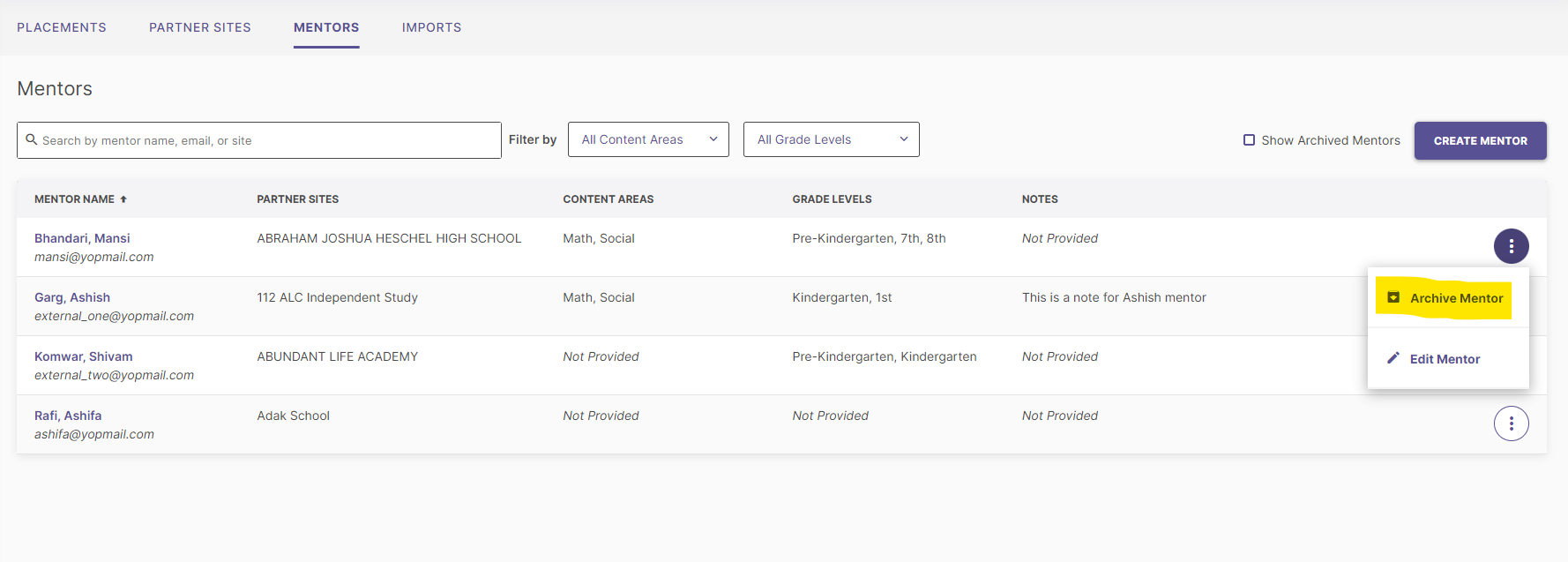 'The 'Mentors' tab showing a list of mentors, with the 'Archive Mentor' option highlighted for a selected mentor in the options menu.