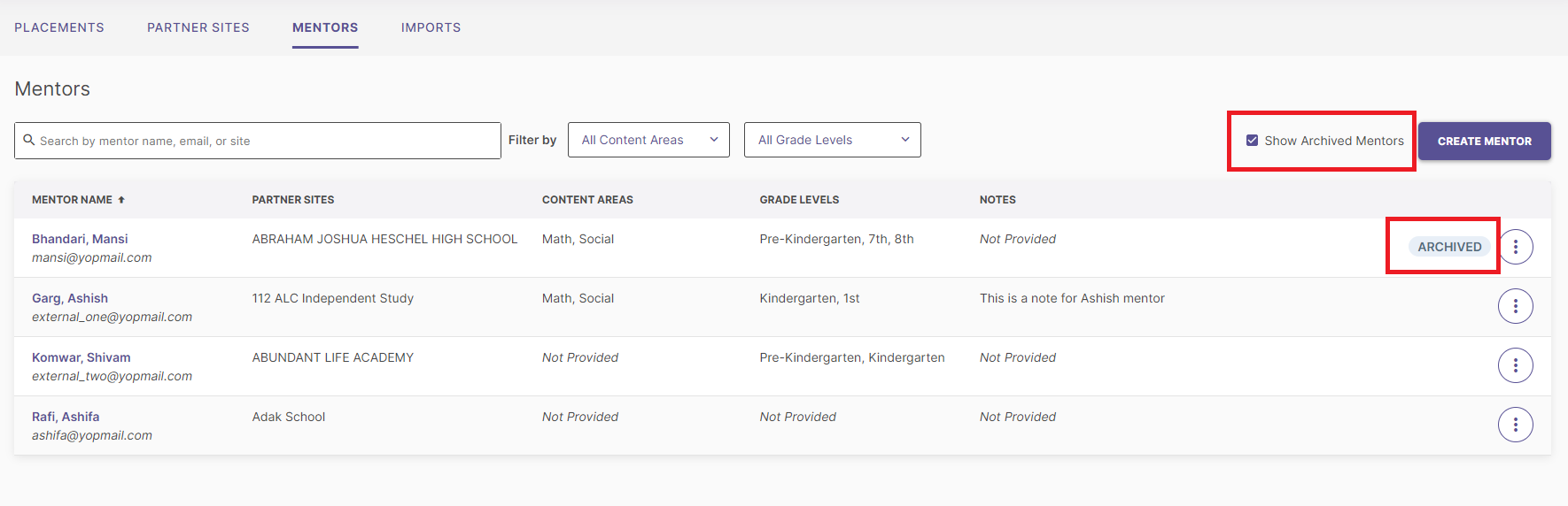 'The 'Mentors' tab showing 'Show Archived Mentors' filter option selected, with 'Archived' label next to mentor name.