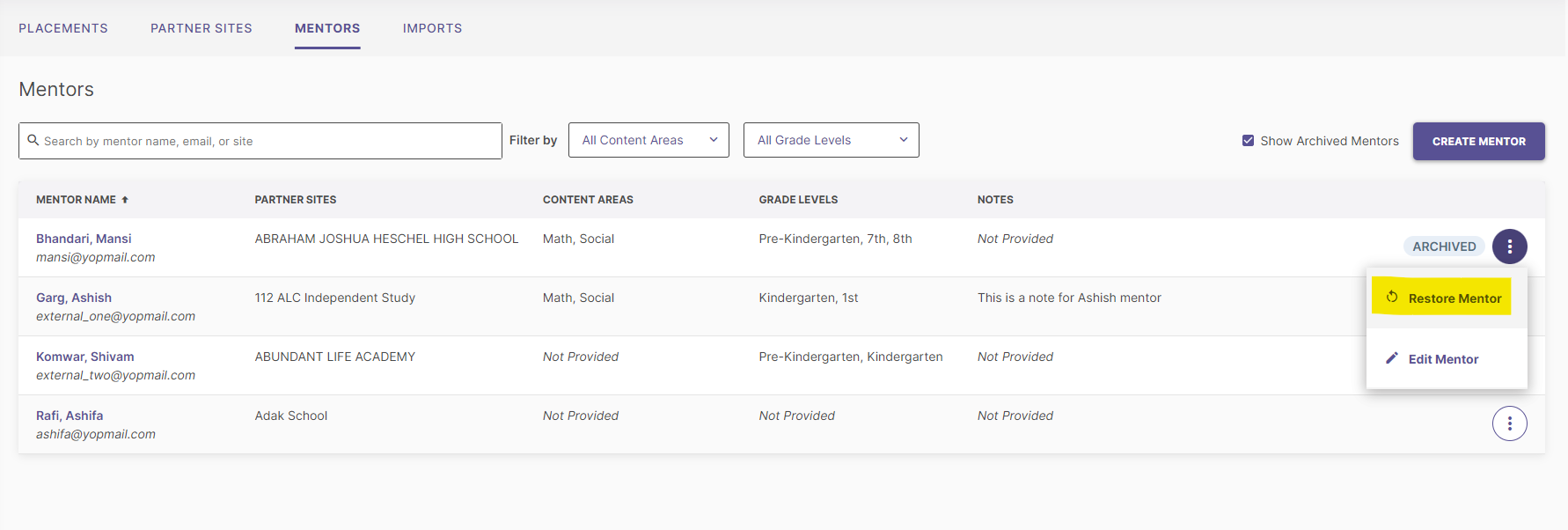 The 'Mentors' tab showing a list of mentors, with the 'Restore Mentor' option highlighted for a selected mentor in the options menu.