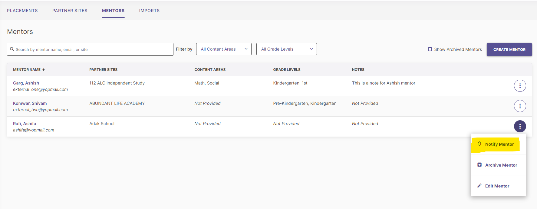 'The 'Mentors' tab showing a list of mentors with the 'Notify Mentor' option highlighted.