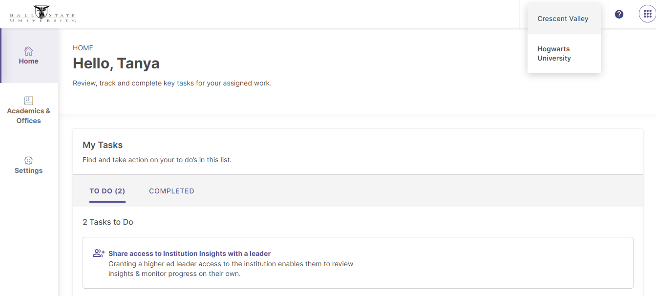 The Insights Hub homepage showing a dropdown menu at the top right corner to select and switch between institutions.