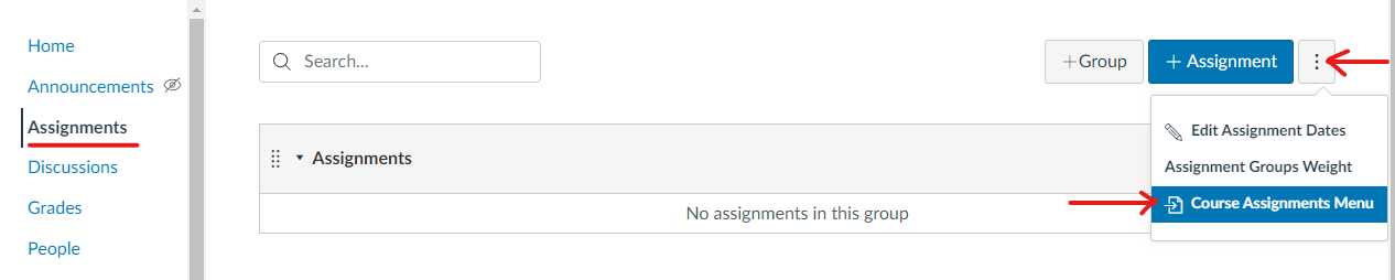 Screenshot showing the Canvas Assignments page with ellipses next to the 'Add Assignment' button, indicating a Deep Linking access point.