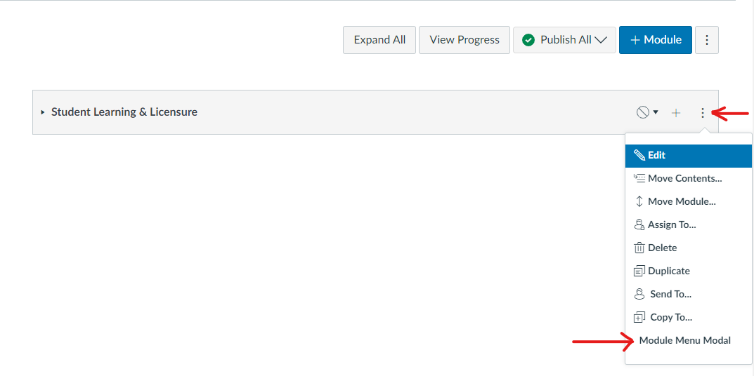 Screenshot showing ellipses next to an individual module on the Canvas Home page.