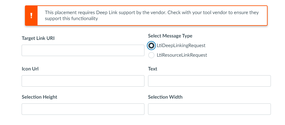 Screenshot of Canvas Developer Key settings for a placement, showing fields for Target Link URL, Message Type, Icon URL, Text, Selection Height, and Selection Width.