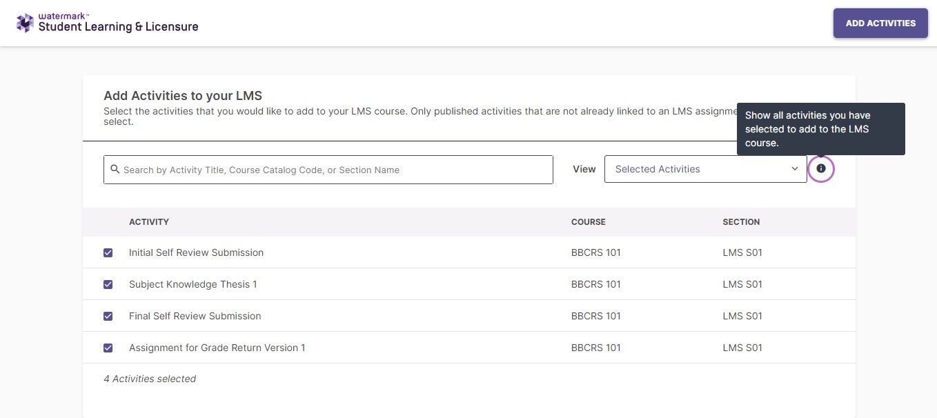 Screenshot showing the Deep Linking workflow with 'Activities from all sections' selected, displaying a list of available activities.