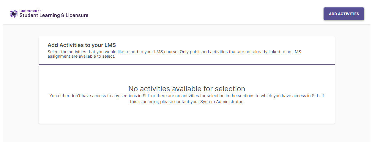 Screenshot showing an empty state message when no activities are found for 'Activities from all sections' in the Deep Linking workflow.