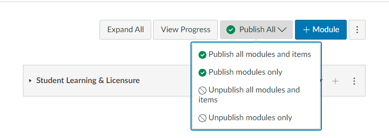 Screenshot of the Canvas Modules page with the 'Publish all modules and items' button highlighted.