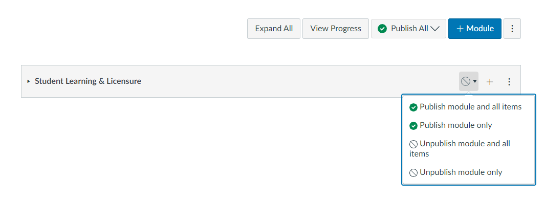 Screenshot of the Canvas Home page with the 'Publish all modules and items' button highlighted for an individual module.