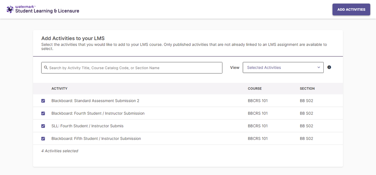 Screenshot of the Deep Linking workflow showing 'Selected Activities' view with a list of chosen activities, including their titles, course codes, and section names.
