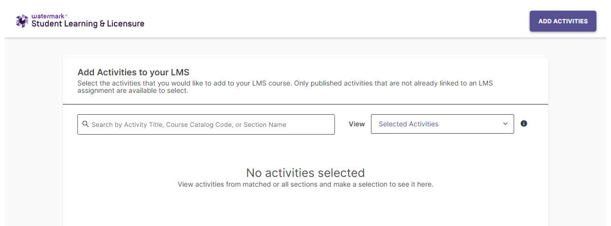 Screenshot showing an empty state message in the Deep Linking workflow, indicating no activities have been selected.