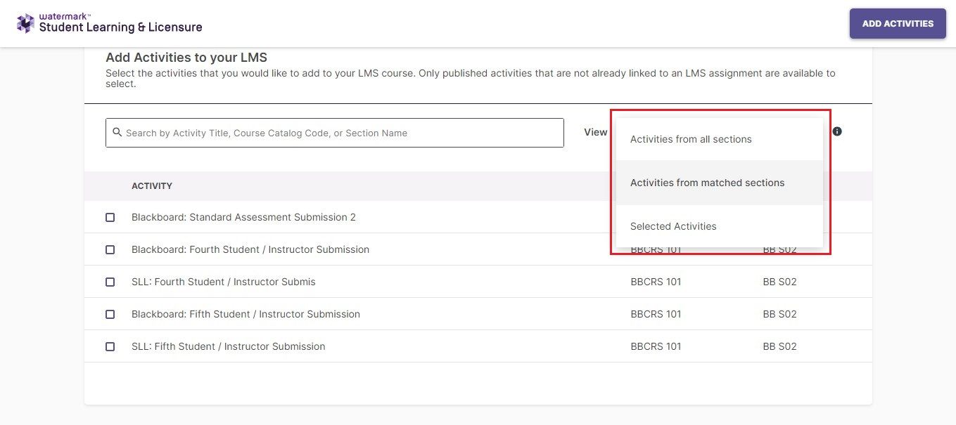 Screenshot of the 'View' drop-down menu in the Deep Linking workflow, offering filtering options such as 'Activities from all sections', 'Activities from matched sections', and 'Selected Activities'.