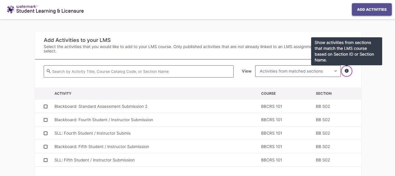 Screenshot of the Deep Linking workflow showing 'Activities from matched sections' view with a list of relevant activities, including their titles, course codes, and section names.