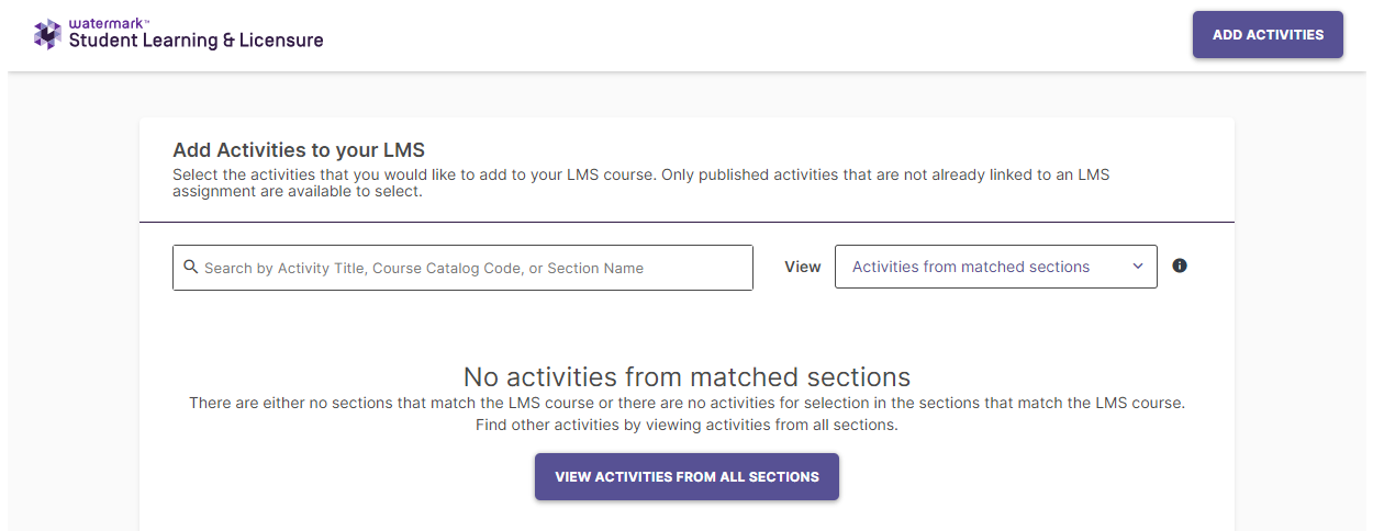 Screenshot showing an empty state message in the Deep Linking workflow, indicating no activities were found for 'Activities from matched sections'.