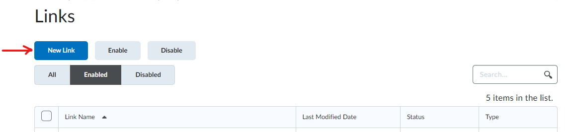 Screenshot showing the New Link button on the Links page.