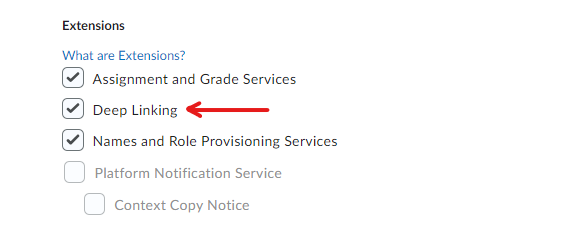 Screenshot showing the Deep Linking checkbox selected under Extensions and the Save button highlighted.