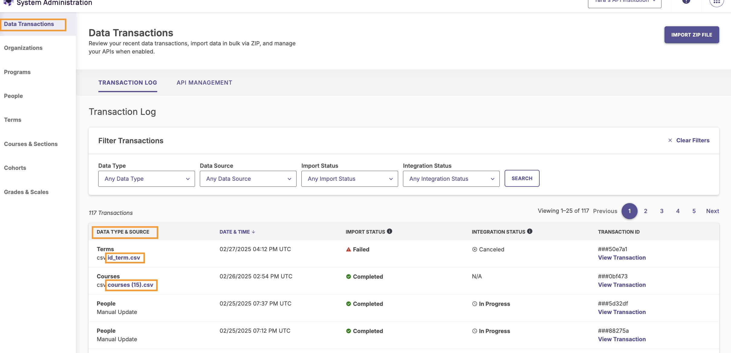 The Data Transactions page in the System Administration window with all imported csv files highlighted.