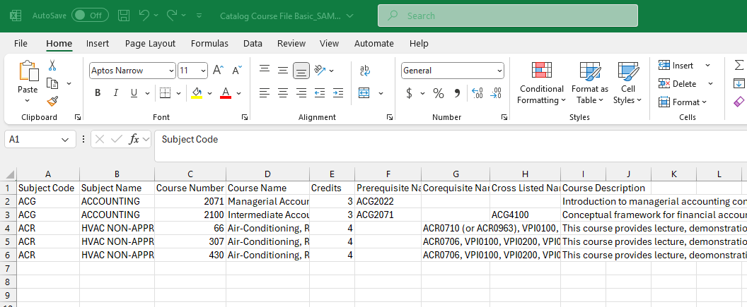 An Excel course catalog file showing rows of course data with columns for Subject Code, Subject Name, Course Number, Course Name, Credits, Prerequisite Narrative, Corequisite Narrative, Cross Listed Narrative, and Course Description filled with sample course information.