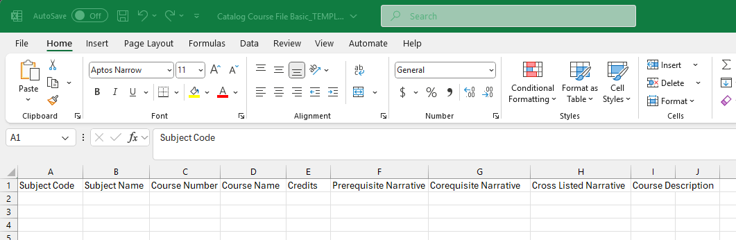 An Excel course catalog template showing column headers for Subject Code, Subject Name, Course Number, Course Name, Credits, Prerequisite Narrative, Corequisite Narrative, Cross Listed Narrative, and Course Description.