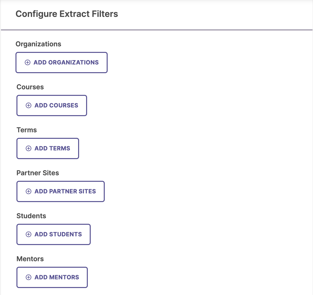 A screenshot of the filters available for the Placement Data Extract, including Organization, Courses, Terms, Partner Sites, Student, and Mentor.