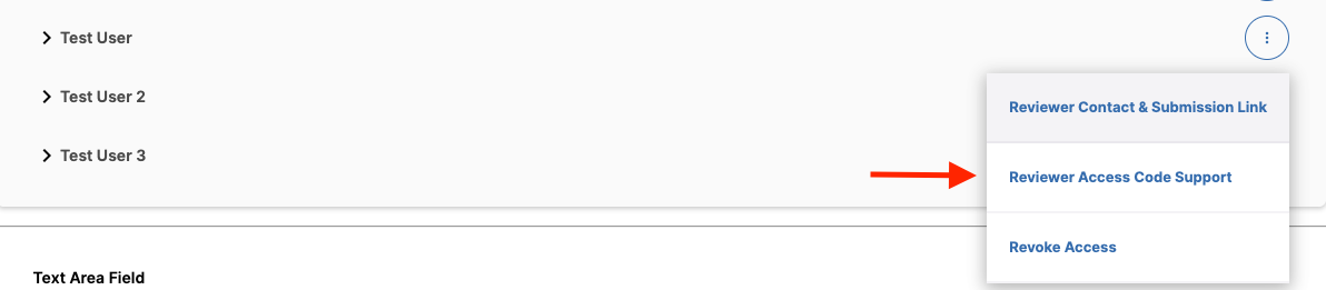 The reviewer options menu showing items for Reviewer Contact & Submission Link, Reviewer Access Code Support, and Revoke Access. Reviewer Access Code Support option highlighted.